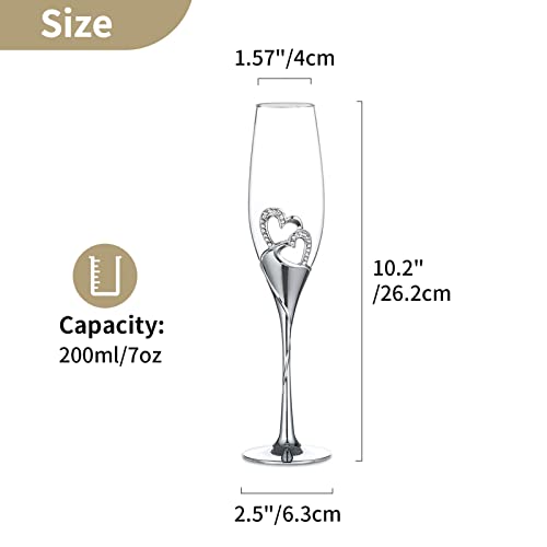 Nuptio Champagne Flutes Glasses Wedding: Personalised Champagne Flute With Wooden Gift Box Crystal Prosecco Glass Set Of 2, Silver Gift Set For Engagement Toasting Anniversary Party Bridal Showers #TOP5