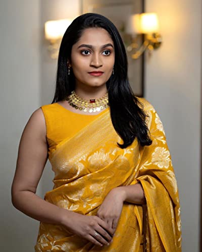 Image of Flosive Women's Present Banarasi Soft Lichi Silk Saree Beautiful Jacquard Rich Pallu Design Work Zari Woven Kanjivaram Silk Style Saree With Soft Lichi Silk Blouse Piece (Yellow).