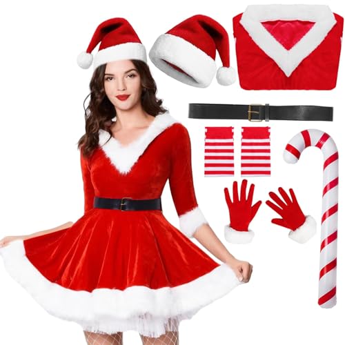 Moerstar Santa Costume Adult Women Mrs Claus Costume with Hat Belt Gloves Socks Santa Outfit Womens Christmas Dress Fancy Dress for Christmas Party Gifts (Women L)
