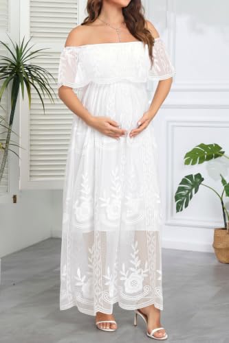 Image of Women's Off Shoulder Maternity Dress Swiss Dot Boho Baby Shower Dress | Swiss dot chiffon fabric,off shoulder boho design,maternity baby shower dress style