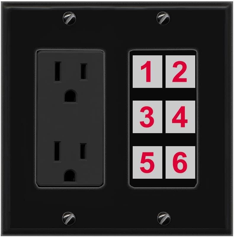 RiteAV 6 Port Custom Wall Plate, Outlet, Black/Black, Choose HDMI Coax 3.5mm Banana Cat5/6 Phone RCA Speaker Toslink USB