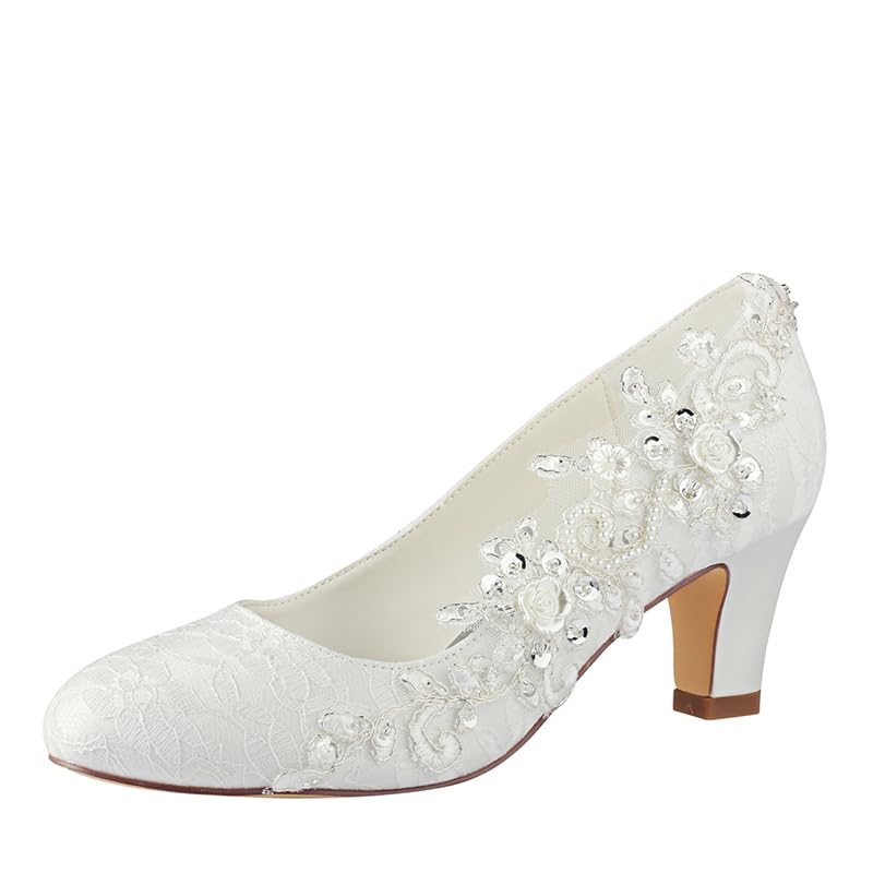Dress First Wedding Shoes for Bride Wedding Heels Bridal Shoes Satin High Heel Block Heel Closed Toe Crystal Lace Elegant, Ivory, 2.56