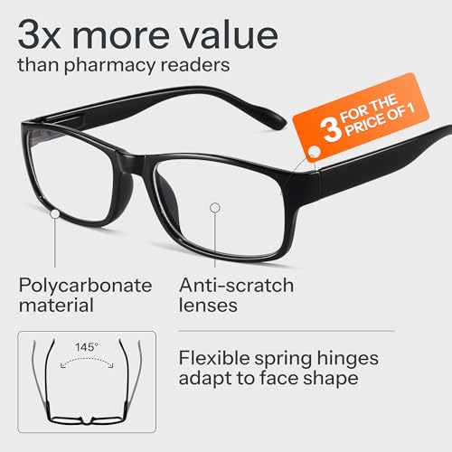 Image of Gaoye Reading Glasses 3-Pack - Blue-Light Filter, UV Protection - Readers with Rectangle Frames