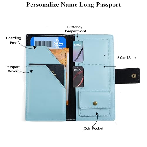 Image of AICA Personalized Name & Charm Long Leather Wallet Passport Cover (Babyblue) with Passport, Boarding Pass, Currency, Card Slot & Coin Holder for Men & Women| Gifts for Woman| Gift for Man|Diwali Gifts