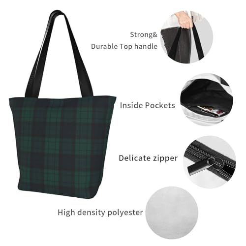 Black Watch Tartan Reusable Zippered Shoulder Bag, Stylish Polyester Tote With Wide Handle & Inner Pocket, Lightweight Durable Shopping & Travel Bag3
