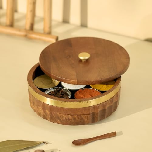 Image of Brick Brown Zari Wooden Masala Box with Lid & Gold Band | 7 Steel Containers & Wooden Spoon | Spice Box Organizer /Masala Dani | Solid Wood Round Spice Storage Case for Kitchen 8.7x8.7 x3.5 Inch