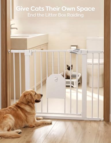 Image of Babelio 36 inch Tall Baby Gate with Adjustable Cat Door, CatPrivilege I, 29-43 inch | Auto Close, Safety Gate for Stairs, Easy Walk Thru with Pet Door, Includes 4 Wall Cups and 3 Extension Pieces, White