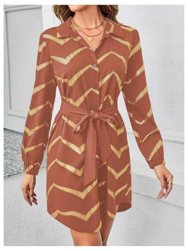 Image of SweatyRocks Women's Metallic Gold Long Sleeve Dresses Collar Shirtdress Casino Night Party Outfit