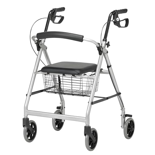 DAYS Essentials Rollator Walker with Seat - Lightweight Mobility Walker, Folding Frame with Padded Seat, Backrest & Basket, Walking Aid for Elderly, Adjustable Handles, Mobility Aids - Silver/Grey