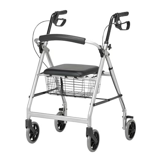 Days Essentials, Lightweight Wheel Rollator, Folding Four Wheel Walker with Padded Seat, Back Support, Ergonomic Handles With Seat Basket, Carry Bag, Silver/Grey