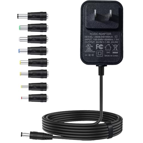 24V Power Supply 1A 24 Volt AC Adapter 100-240v 50-60hz Switching Adapter with 5.5 x 2.1mm DC Plug and 8 Tips Power Cord for LED Strip Light DC24V Transformer 1.5m