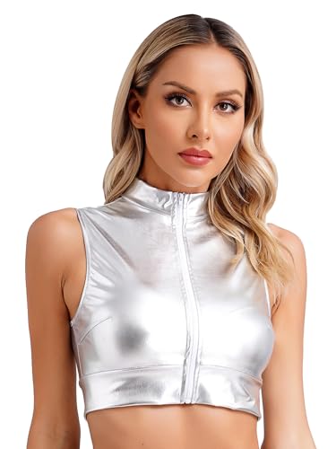 CHICTRY Women's Shiny Metallic High Neck Tank Top Zip Front Sleeveless Slim Fit Vest Crop Tops