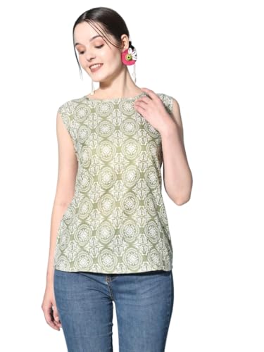 Image of Sleeveless Kurti for Women Pure Cotton Stylish Round Neck Printed Ethnic Short Kurti Jeans Top Casual Office