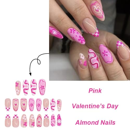 Image of Pink Press on Nails Flower Fake Nails Medium Almond False Nails with Heart Design French Tip Glue on Nails Glossy Artificial Acrylic Nail Full Cover Nude Stick on Nails for Women Manicure 24Pcs