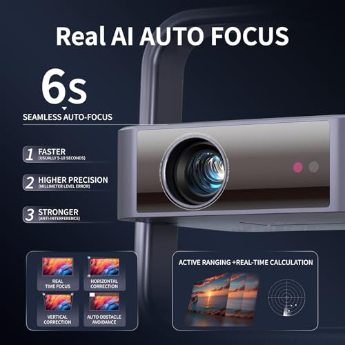 【Officially-Licensed APP】 Smart Mini Projector with WiFi and Bluetooth, Auto Focus & Keystone Portable Outdoor Proyector, 4K Support Home Movie Projector with 270° Stand