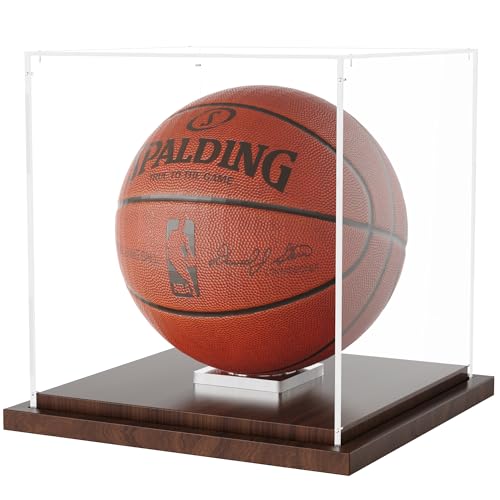 VGMiu Basketball Display Case with Wood Base Clear Acrylic Basketball Case Display Box with Removable Built-in Ball Holder for Autographed Balls Sports Collectibles Memorabilia Displays