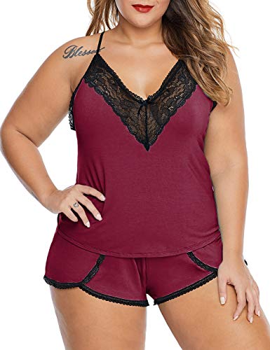 Image of Women Plus Size Pajamas Cami Shorts Set Nightwear Sexy Lace Lingerie Sleepwear