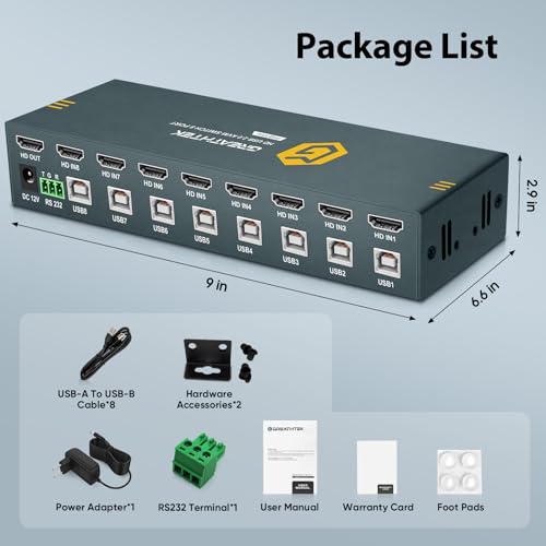 HDMI KVM Switch 8 Port, 4K@30Hz KVM Switch 8 Computers Share 1 Monitor and Keyboard & Mouse, with USB 2.0 Ports, Support Button Switch & Hotkey Switch & RS232, Adaptive EDID, Plug and Play - Thumbnail 7