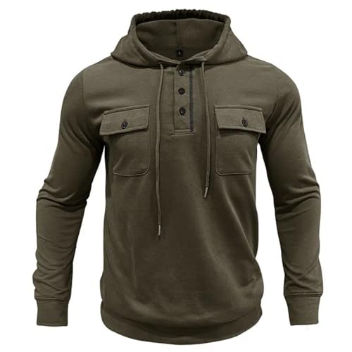 MakingDa Men’s Hoodie Long Sleeve Casual Worker Button Chest Pockets Pullover Muscle Regualr Fit Drawstring Hooded Shirt Solid Work Sport Hoody Army Green M - Image 3