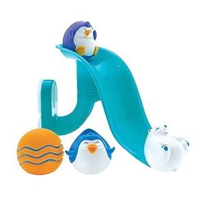 Nuby Penguin Slide Bath Toy Play Set with 4 Bath Squirters – Baby Bath Toys for Boys and Girls 12+ Months – Suction Cup Toy Attaches to Shower Wall