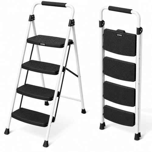 Uziro Escalera Plegable 4 Peldaños, Blanco, Antideslizante