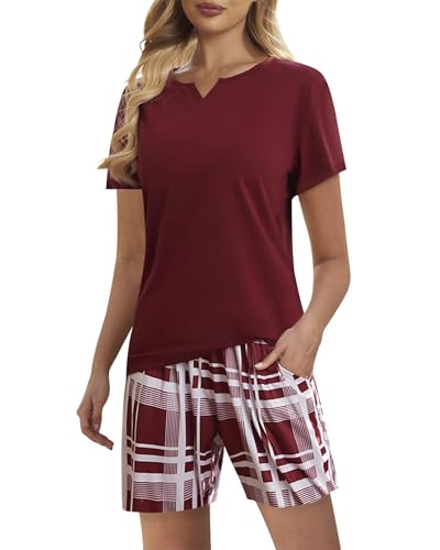 ZOEREA Schlafanzug Damen Kurz Sommer Zweiteiliger Nachtwäsche V-Ausschnitt mit Karierten Shorts Sleepwear Hausanzug Rot(Kurze Ärme), M