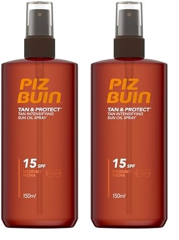 PIZ BUIN Protector Solar Líquido en Spray SPF15, Tan & Protect Acelerador del Bronceado Corporal y Facial, No comedogénico, para todos los tipos de piel, con Vitamina E y Protección UVA/UVB, 150 ml