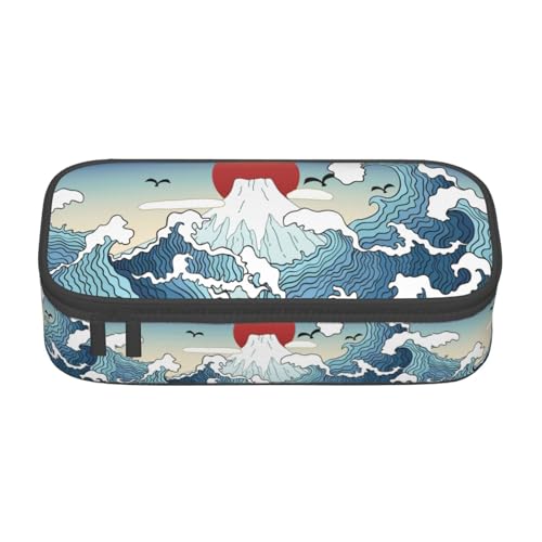 Image of Japanese Blue And White Waves And Mount Fuji Large Pencil Case, Pencil Pouch With Zipper Compartments Stationery Pencil Bag For Kids Teens Students School Supplies