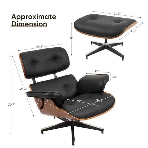 Nalupatio Top PU Leather Lounge Chair with Ottoman, Recliner Chair with Wide Armrest Mid Century Accent Chair Heavy Duty Base Support for for Living Room Bedroom Office