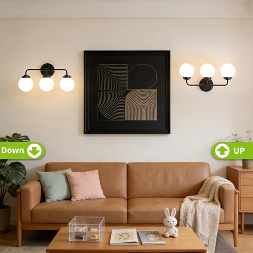 Image of Bathroom Light Fixtures 18.3in 3-Light Matte Black Vanity Lights for Mirror | Bathroom Lighting Fixtures over Mirror, ETL, Brushed Brass Wall Sconce, Dimmable E12 Base Max 60W, Milky Glass Ball Shades