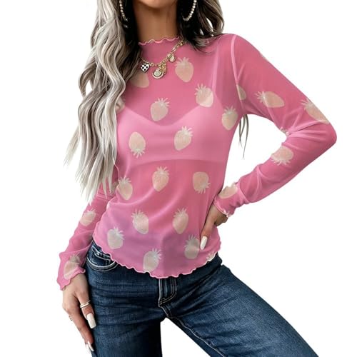 Mesh Top for Women Long Sleeve Mock Neck Mesh Shirt Sheer Top Strawberry Tee Shirts Small
