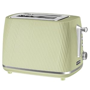 Daewoo Cascade 2 Slice Toaster – Sage Ribbed Design, Adjustable Browning, Defrost & Reheat Functions, Removable Crumb Tray, Cancel Button, Compact Countertop Toaster
