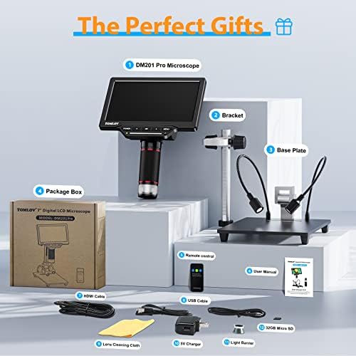 TOMLOV DM201 Pro HDMI Digital Microscope,10 Inch Stand Included, 7" LCD Microscope 1200X, 16MP Coin Micro Soldering Microscope with Screen, Windows/Mac OS/TV Compatible, 32GB Card