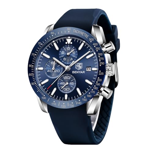 BY BENYAR Herren Analoger Chronograph Quarzuhr 30M Wasserdicht Leuchtende Datumsanzeige Freizeituhr Sport Lederuhr.(Gummi Silber Blau)