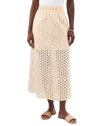 Summer Casual Long Skirt for Women Cotton Eyelet Maxi Skirts Boho Beach Skirt High Waist Hollow Out Skirt with Underneath Apricot
