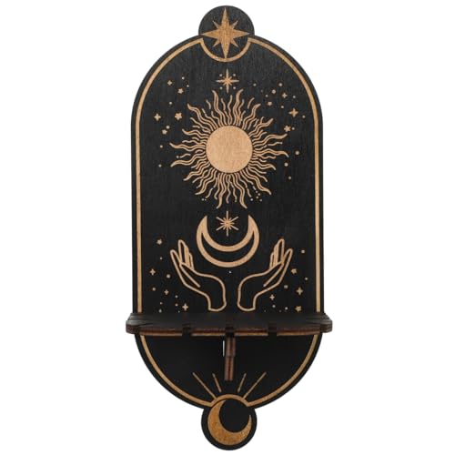 Zerodeko Estante de exhibición de cristal, estante flotante de pared de madera, estante flotante de luna, sol, bruja, estante de almacenamiento de cosas rústicas, soporte de mano de madera para roca
