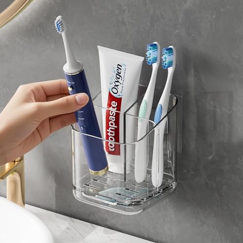Porta Spazzolini da Muro Senza Foratura, Organizer Bagno a 3 Scomparti Rimovibile per Dentifricio, Portaspazzolino Elettrico da Parete o da Appoggio, Piccoli Contenitori per Bagno, Cucina e Ufficio