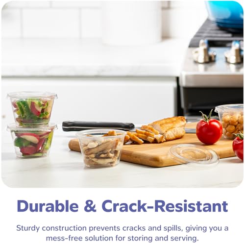 Image of GUSTO 4 oz Jello Shot Cups with Lids [100 Count] Clear Plastic Portion Containers, Condiment Cups for Sauces, Dressings & Samples - Durable, Stackable, Leak-Resistant (Formerly Comfy Package)