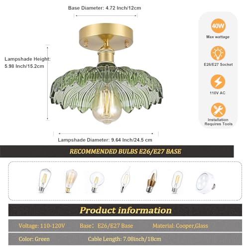 Shenmoyl Semi Flush Mount Ceiling Light, Gold Hallway Vintage Lights Fixture Ceiling With Green Flower Glass thumb #7