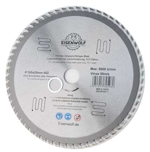 Eisenwolf 185x20 mm hoja de sierra circular fina, duradera y resistente, para madera con 60 dientes TCT inclinados y cortes láser para reducción de ruido