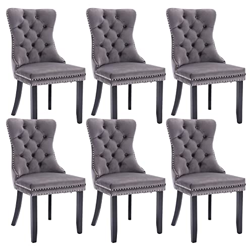 Image of Virabit Tufted Dining Chairs Set of 6, Velvet Upholstered Dining Chairs with Nailhead Back and Ring Pull Trim, Solid Wood Dining Chairs for Kitchen /Bedroom /Dining Room (Grey)