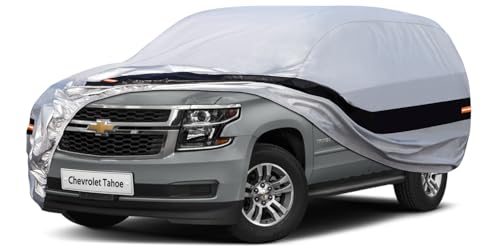 Image of Holhtly Car Cover Custom Fit for Chevrolet Tahoe, Car Covers for Automobiles All Weather Waterproof Sun Snow Rain Wind Dust Protection, Outdoor Car Cover Gray & Black