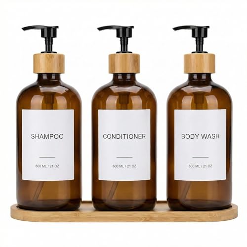 Lot de 3 distributeurs de shampooing et après-shampoing, rechargeables, en PET de 600 ml, avec pompe en plastique en bambou, plateau en bambou, entonnoir et...