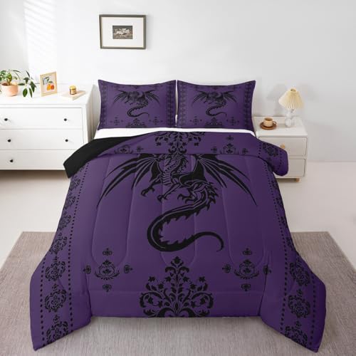 Image of Feelyou Dragon Bedding Set Kids Boys Teens Gothic Damask Paisley Floral Comforter Set Twin Size Women Bohemian Exotic Duvet Insert Animal Theme Room Decor,Purple Black