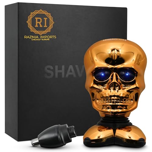 RAZNIA IMPORTS-Rechargeable Head Shavers for Bald Men – Golden Skull, 4 Floating Heads - Bald Head Shavers for Men, LED Display, Long-Lasting Battery, Attachments & Cleaning Brush