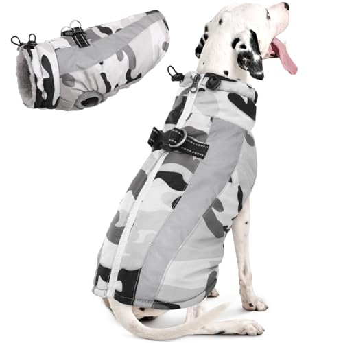 FUAMEY Dog Winter Jackets for Large Dogs,Dog Coat with Harness Built in,Waterproof Dogs Snowsuits Warm Pet Jacket Zip Up Fleece Cold Weather Coats Ref