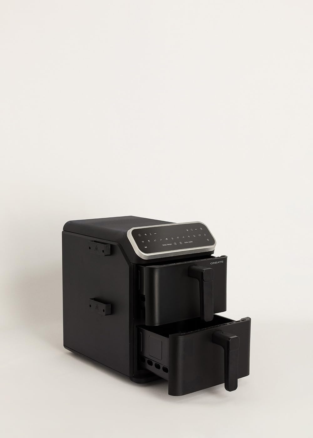 CREATE AIR FRYER DUAL STACK with both baskets and crisper plates removed, showing the interior heating elements.