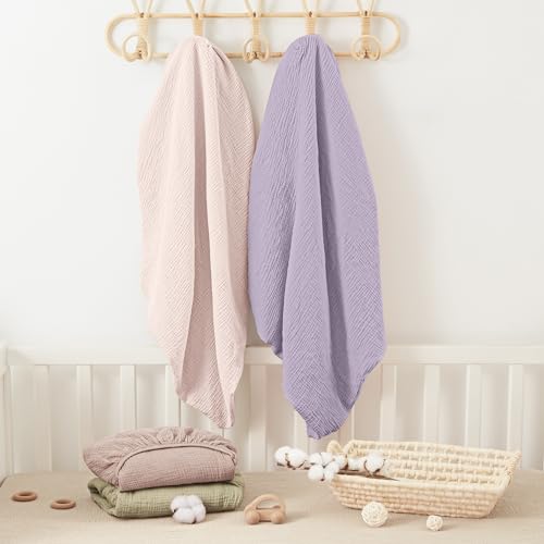 Image of Bearmoss Muslin Mini Crib Sheets for Pack N Play Mattress - 100% Cotton - 38 inchx26 inch Soft Breathable Playard Baby Crib Sheets Neutral for Boys Girls - 2 Pack (Pink Purple)