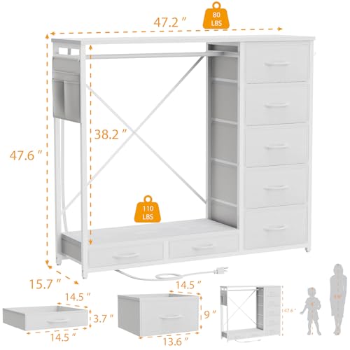 SZLHANJZ Dresser for Bedroom with Hanging Rack, 7 Drawer Clothes Storage Chest with Lights and Charging Station, Wardrobe Dresser with Hooks and Pocket, Wood Top, Nursery White - Thumbnail 3