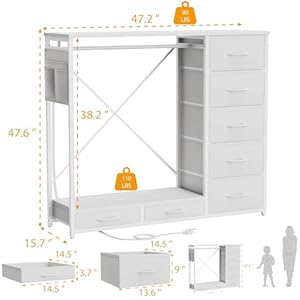 Dresser for bedroom with hanging rack 7 drawer clothes storage chest with lights and charging station wardrobe dresser with hooks and pocket wood top nursery white  urban country home decor